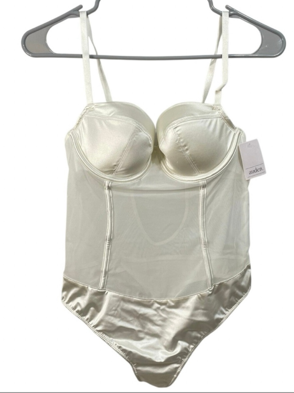 Auden Satin & Mesh Bodysuit in Ivory